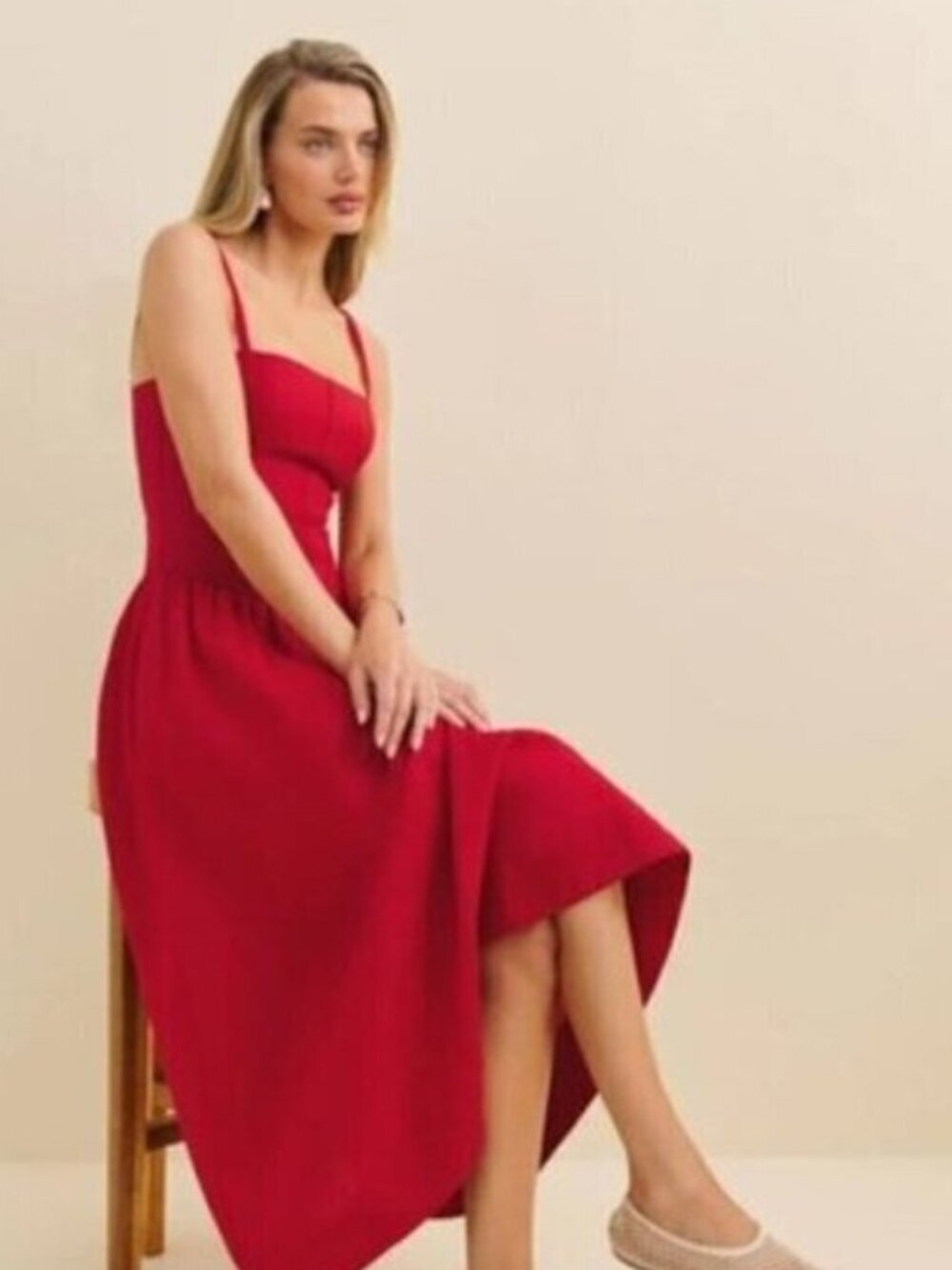 Reformation Katarin Linen Midi Dress Lipstick Red Lace Detail | US 2 UK 6 - Picture 5 of 13